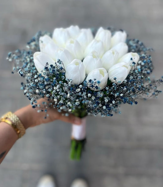 White Tulip Bridal Bouquet with Blue Baby’s Breath