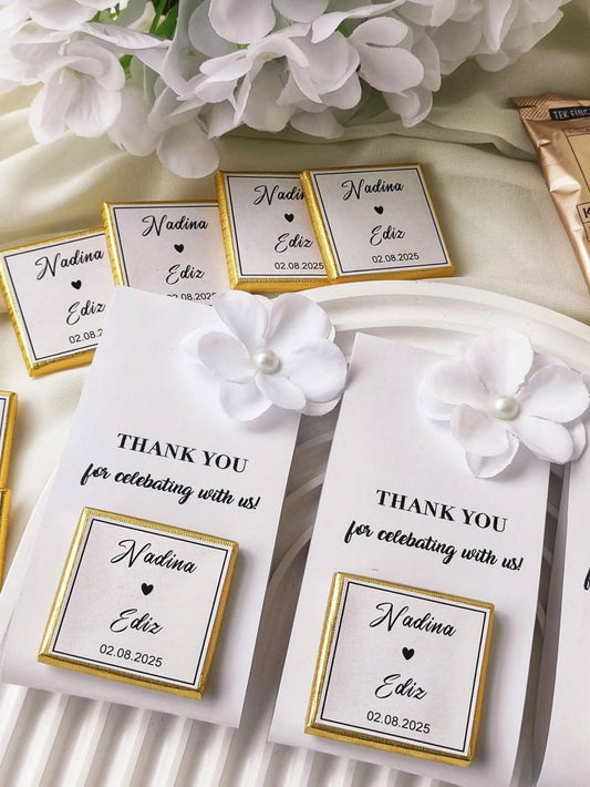 Custom Wedding Favor Cards with Floral Accent and Personalized Chocolate
