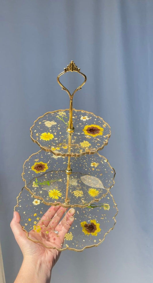 Three-Tier Resin Serving Stand with Real Dried Flowers and Gold Foil