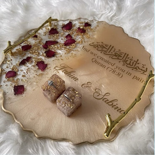 Luxury Resin Ring Holder Tray with Dried Rose Petals and Gold Foil