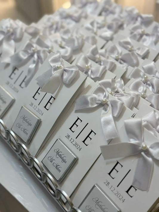 Elegant White and Silver Wedding Favor with Satin Bow and Personalized Chocolate