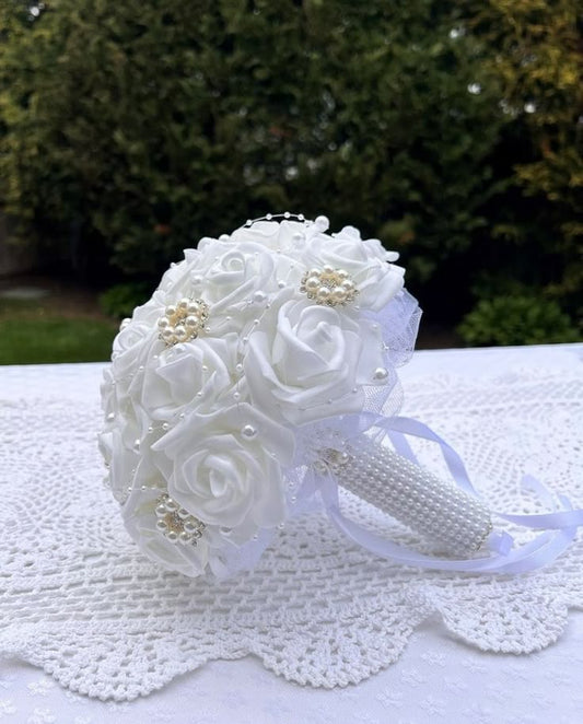 Elegant White Satin Rose Bridal Bouquet with Pearl Details