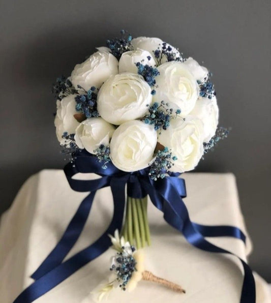 White Bridal Bouquet with Navy Blue Accents