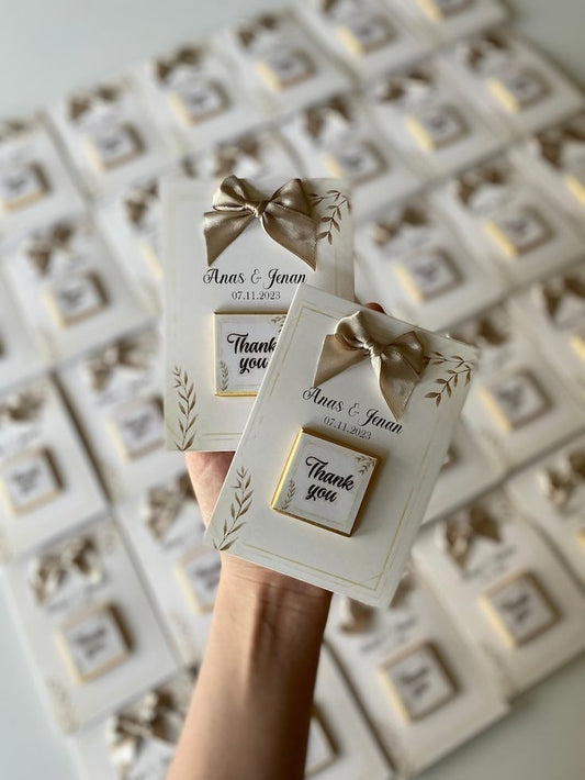 Custom Wedding Favor Cards with Chocolate and Satin Bow